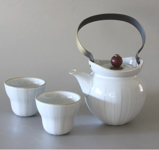 Metal Handle Tea Pot & 2 Cups, Stripes Eastern Elm