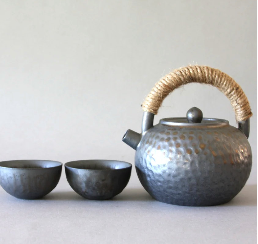 Hand-beaten Pattern Tea Pot & 2 Cups, Gold/Gray
