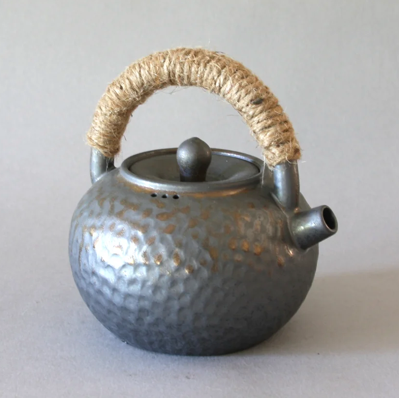 Hand-beaten Pattern Tea Pot & 2 Cups, Gold/Gray