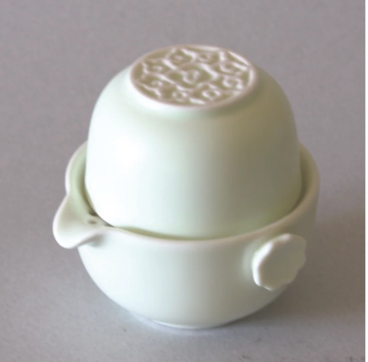 One Tea Cup & Pot, Flower Motif, Pale Green