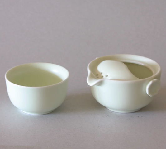 One Tea Cup & Pot, Flower Motif, Pale Green