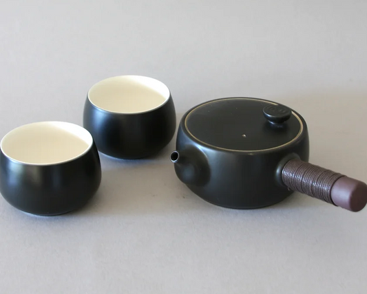 Black Side Handle Tea pot & 2 Cups