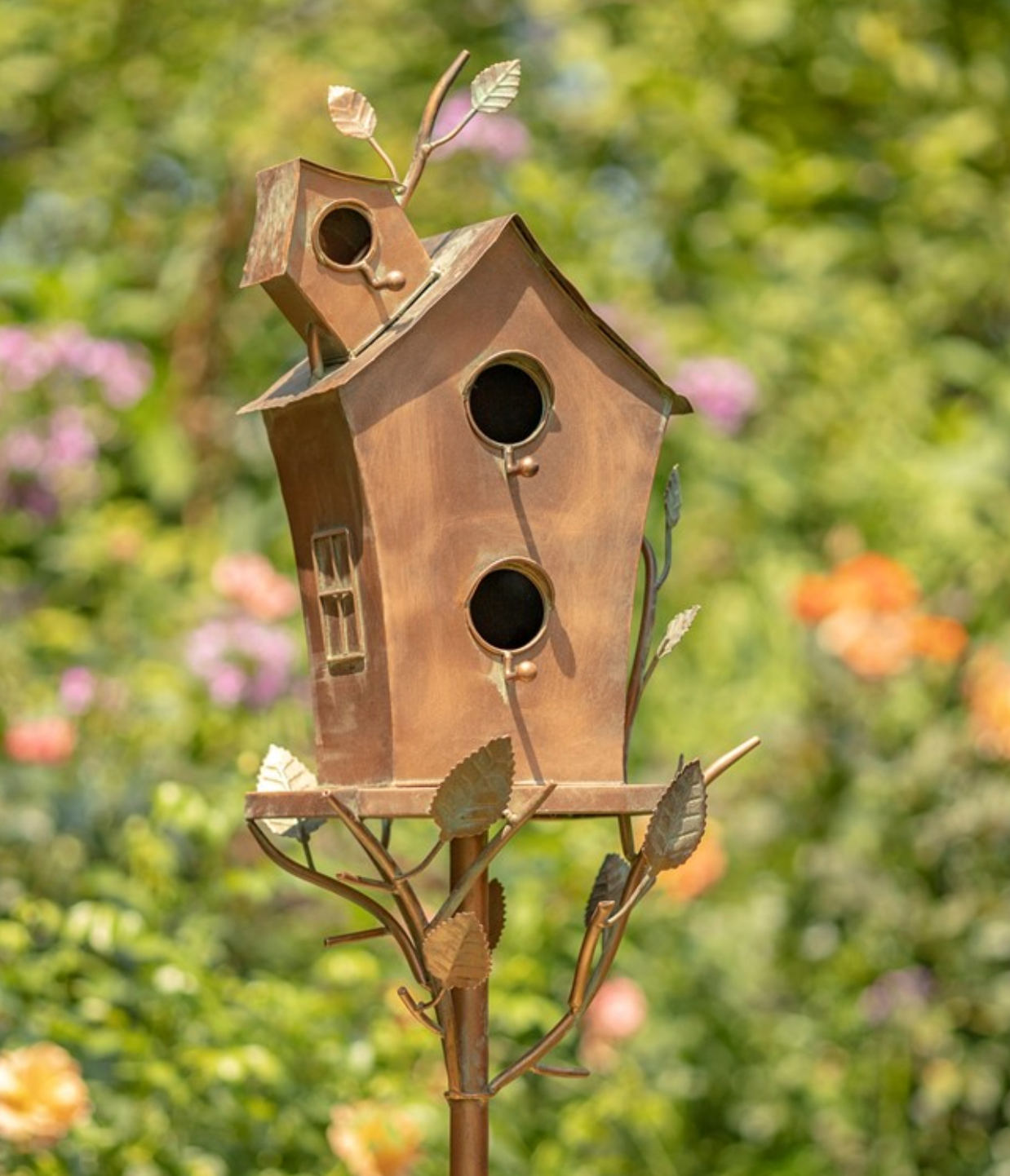 BIRDHOUSE 75.2" TALL LARGE DOUBLE-HOLE BIRDHOUSE STAKE WITH A-FRAME ROOF IN ANTIQUE COPPER