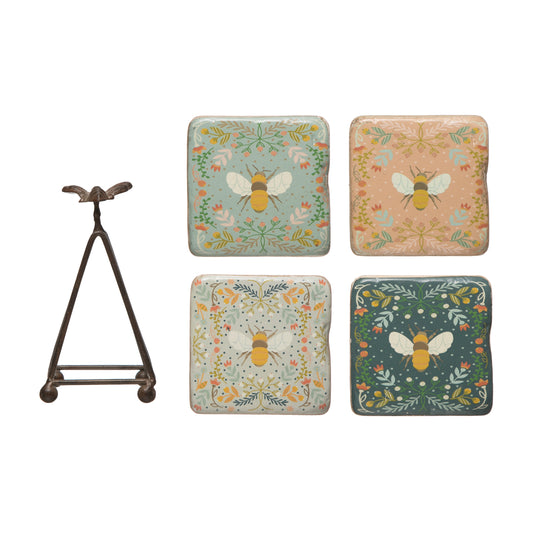 Coasters with Bees and Metal Stand, Set of 5