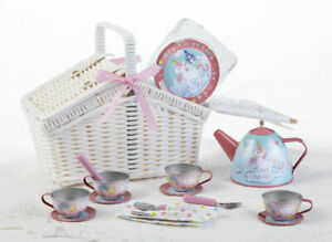 Delton Tin 18-Peice Tea Set in White Basket, Unicorn