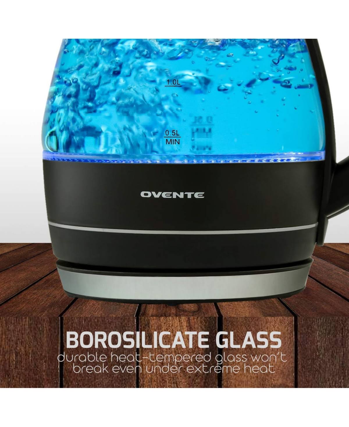 Ovente Electric Kettle, 1.5L, 1100W, BPA-Free, Heat-Tempered Borosilicate Glass, Stainless Steel, Auto Shut-Off & Boil-Dry Protection, Blue LED Lights (KG83 Series)
