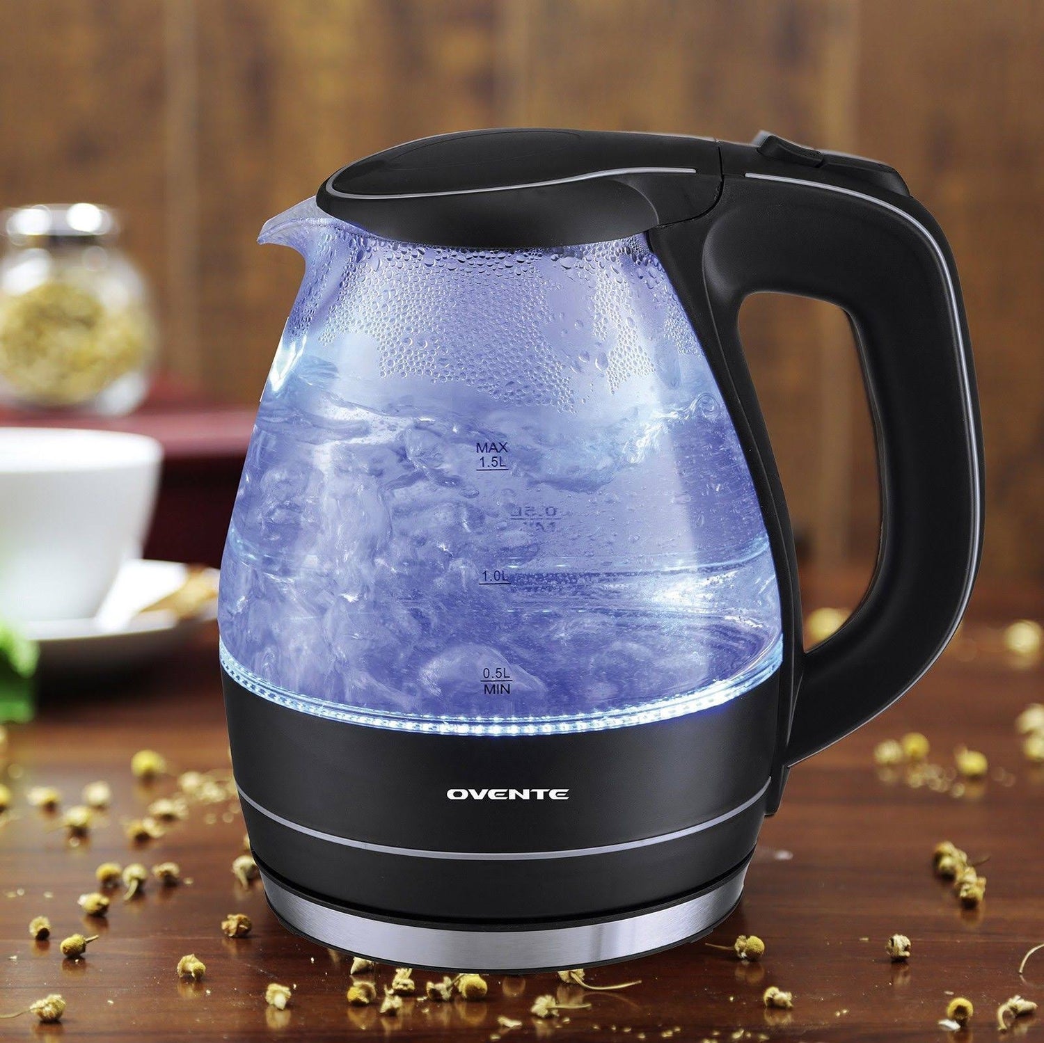 Ovente Lighted Electric Glass Kettle 1.5 L with Blue LED Lights, White Kg845w