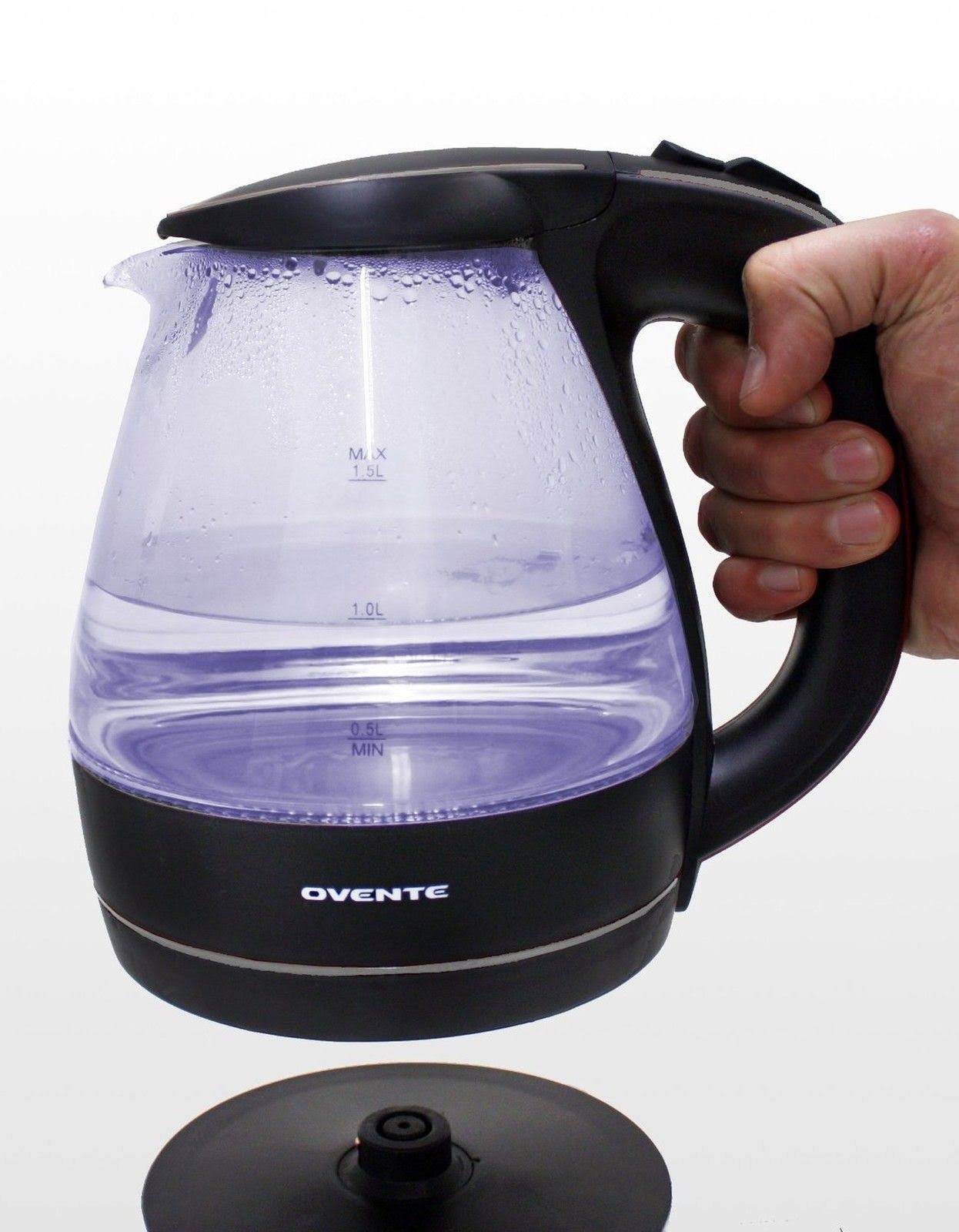 Ovente Electric Kettle, 1.5L, 1100W, BPA-Free, Heat-Tempered Borosilicate Glass, Stainless Steel, Auto Shut-Off & Boil-Dry Protection, Blue LED Lights (KG83 Series)