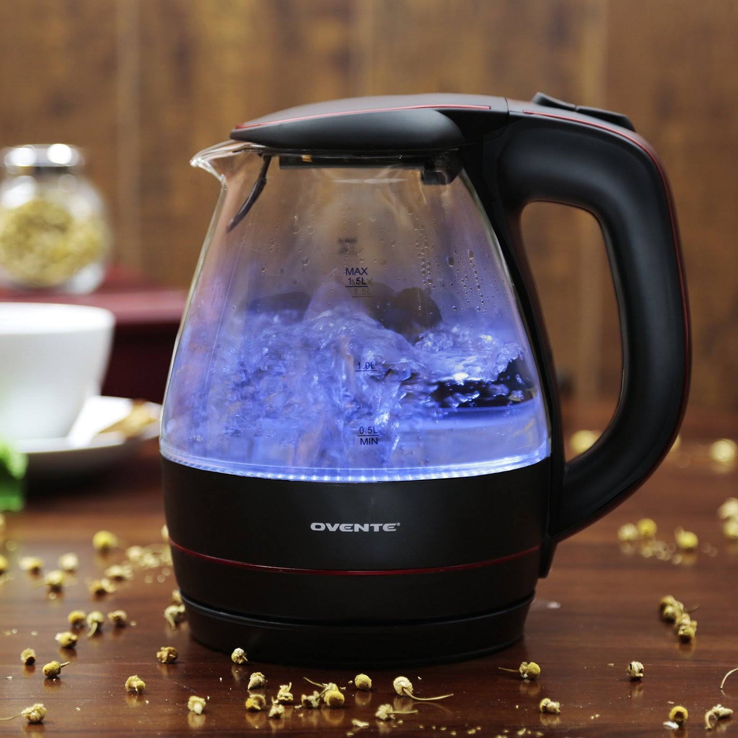 Ovente Electric Kettle, 1.5L, 1100W, BPA-Free, Heat-Tempered Borosilicate Glass, Stainless Steel, Auto Shut-Off & Boil-Dry Protection, Blue LED Lights (KG83 Series)