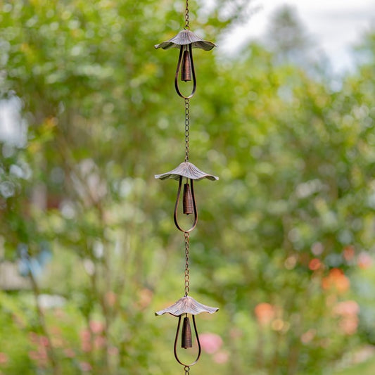 76" LONG ANTIQUE BRONZE RAIN CHAIN WITH MUSHROOMS