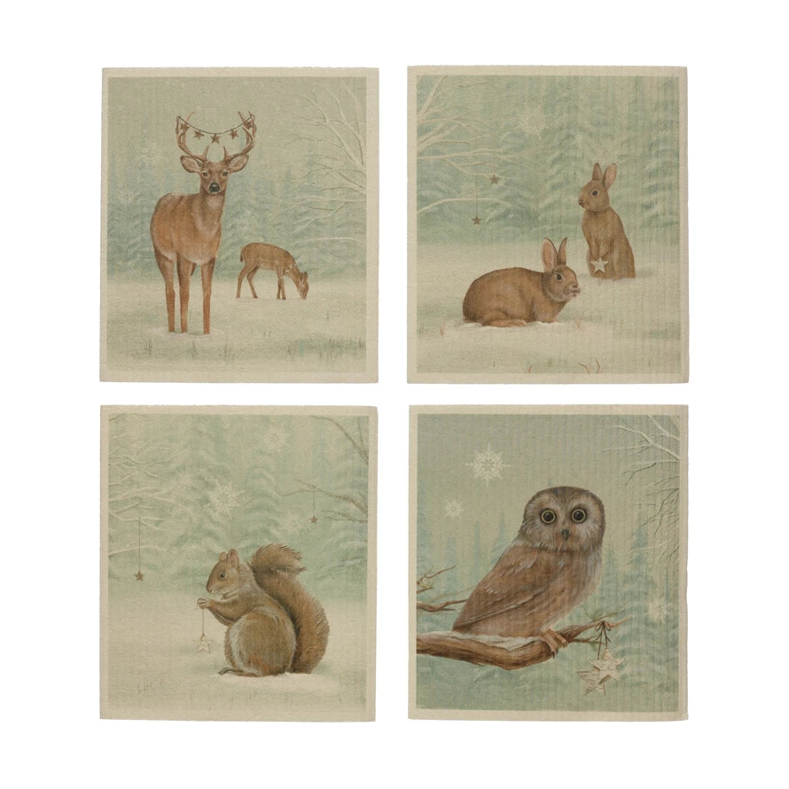 Reusable Cellulose Sponge Cloth with Forest Animals