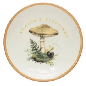 Stoneware Dish with Mushroom Image, Holiday Greeting and Gold Electroplating