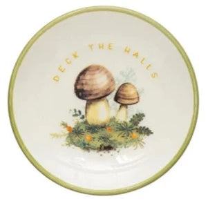Stoneware Dish with Mushroom Image, Holiday Greeting and Gold Electroplating