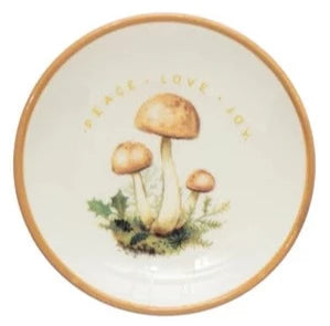 Stoneware Dish with Mushroom Image, Holiday Greeting and Gold Electroplating