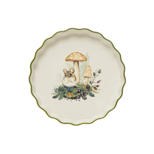 Pie Dish 10-1/2" Round Stoneware Fluted Pie Dish with Mushrooms, Mouse and Green Rim